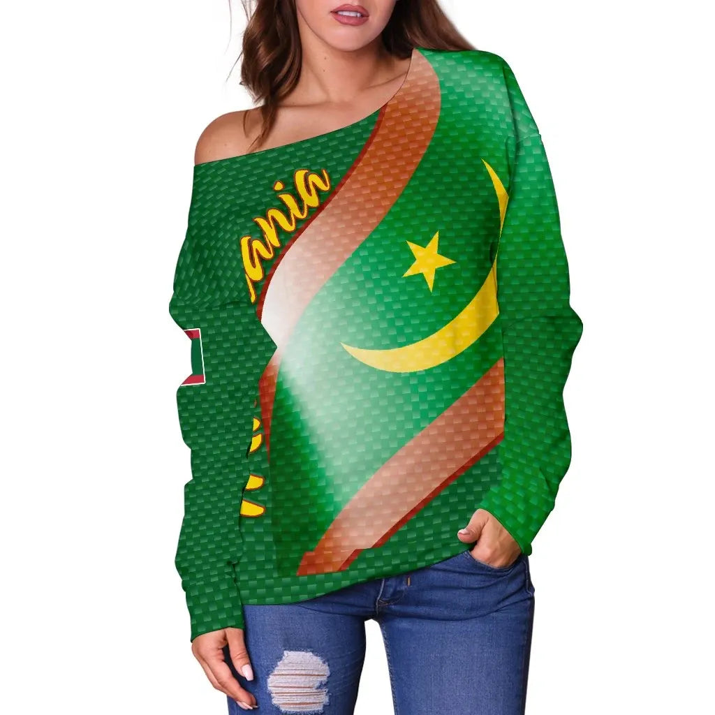 Mauritania Women's Off Shoulder Sweater Mauritania Flag and Coat Of Arms