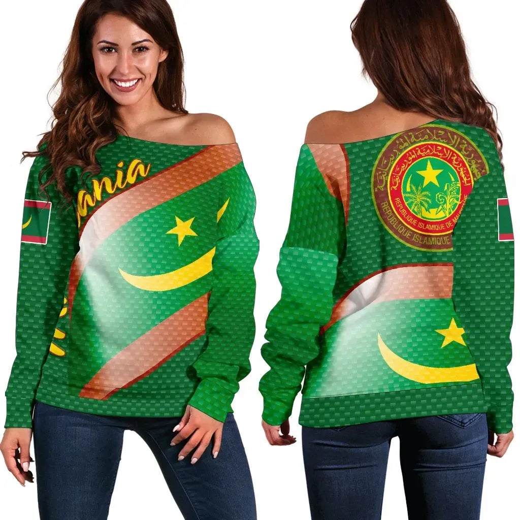 Mauritania Women's Off Shoulder Sweater Mauritania Flag and Coat Of Arms