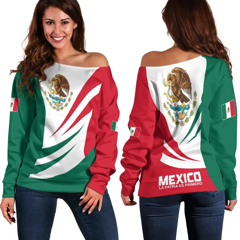 Mexico Off Shoulder Sweater Coat Of Arms BinCjou