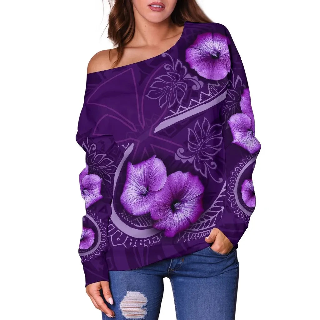 Hawaii Women's Off Shoulder Sweater Hibiscus Purple Bn09