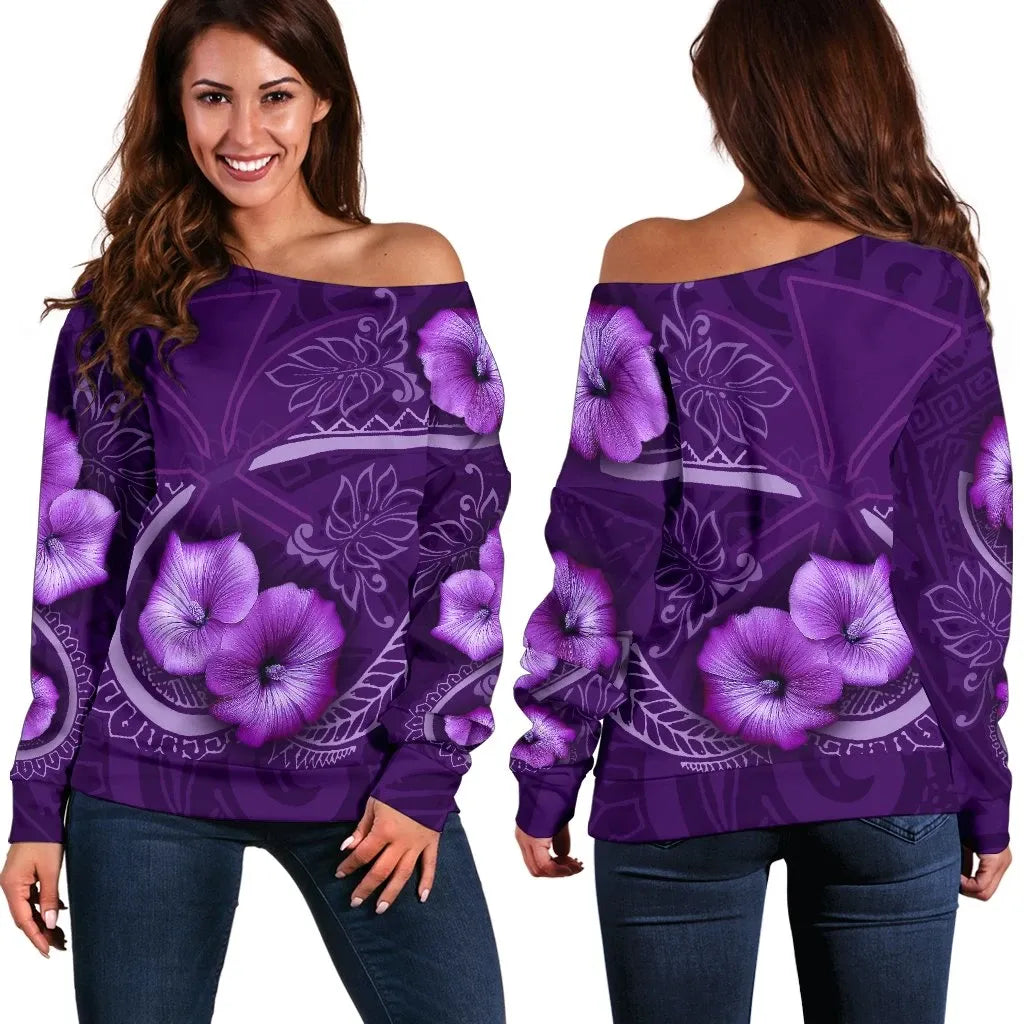 Hawaii Women's Off Shoulder Sweater Hibiscus Purple Bn09
