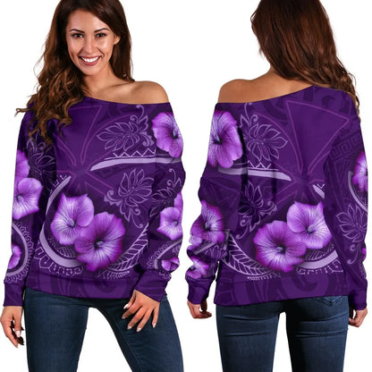 Hawaii Women's Off Shoulder Sweater Hibiscus Purple Bn09