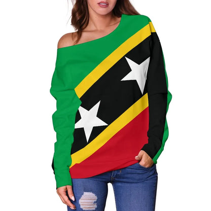 Saint Kitts and Nevis Women's Off Shoulder Sweater Saint Kitts and Nevis Flag Style