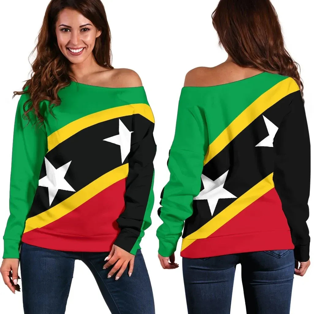 Saint Kitts and Nevis Women's Off Shoulder Sweater Saint Kitts and Nevis Flag Style