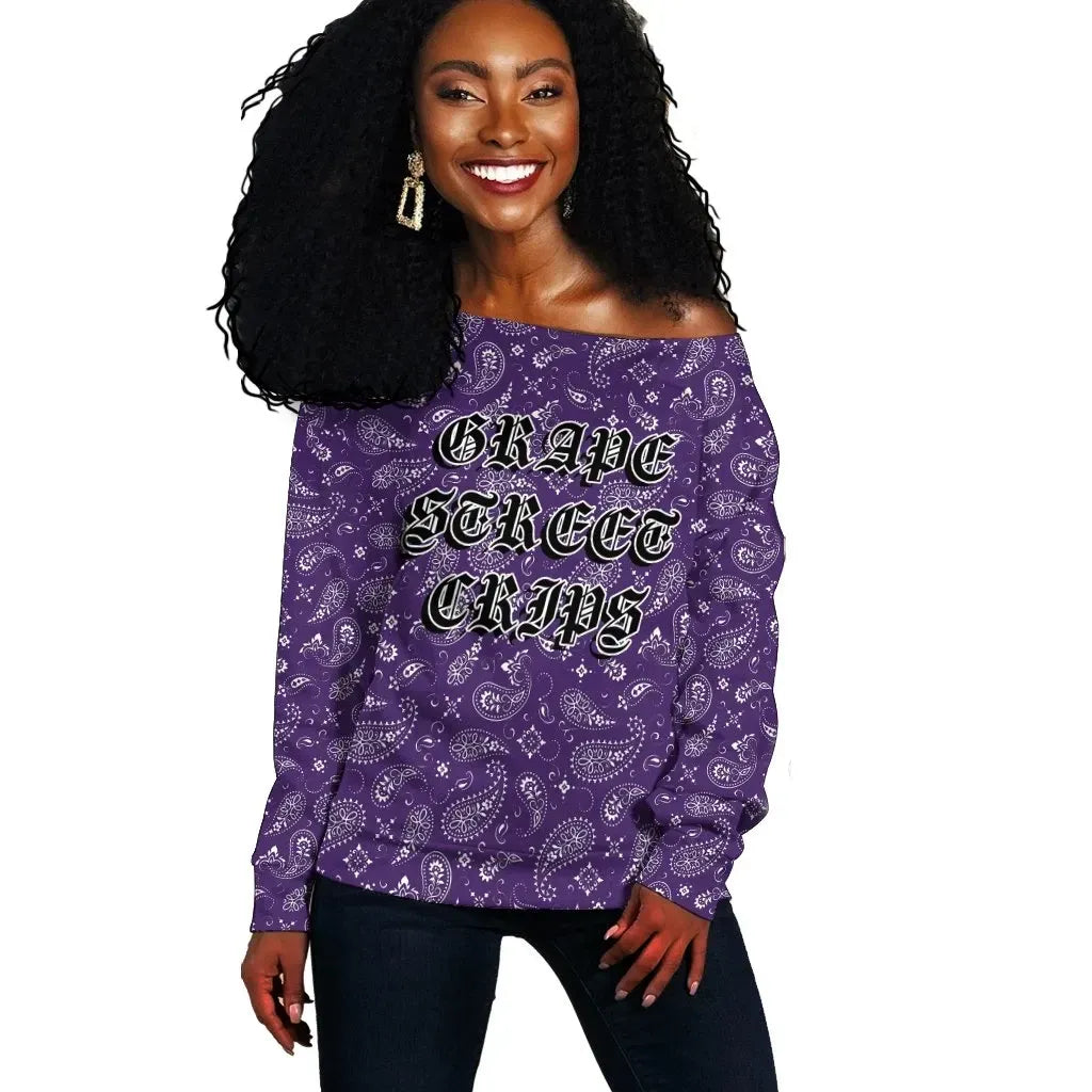 Grape Street Crips Gang Off Shoulder Sweater Purple Bandana Pattern