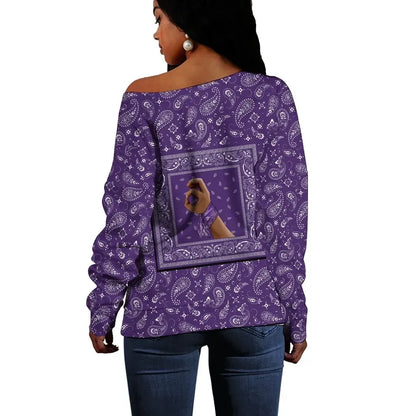 Grape Street Crips Gang Off Shoulder Sweater Purple Bandana Pattern