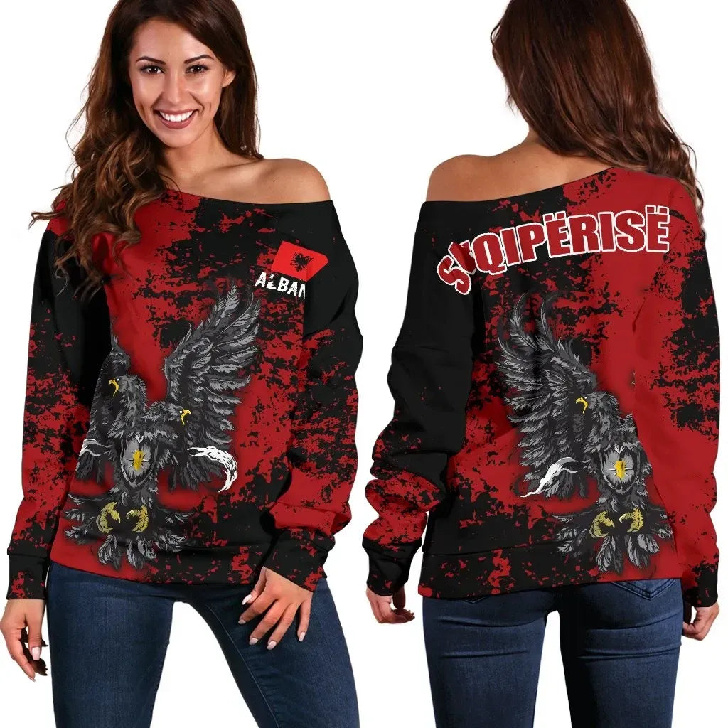 Albania Eagle Grunge Women's Off Shoulder Sweater