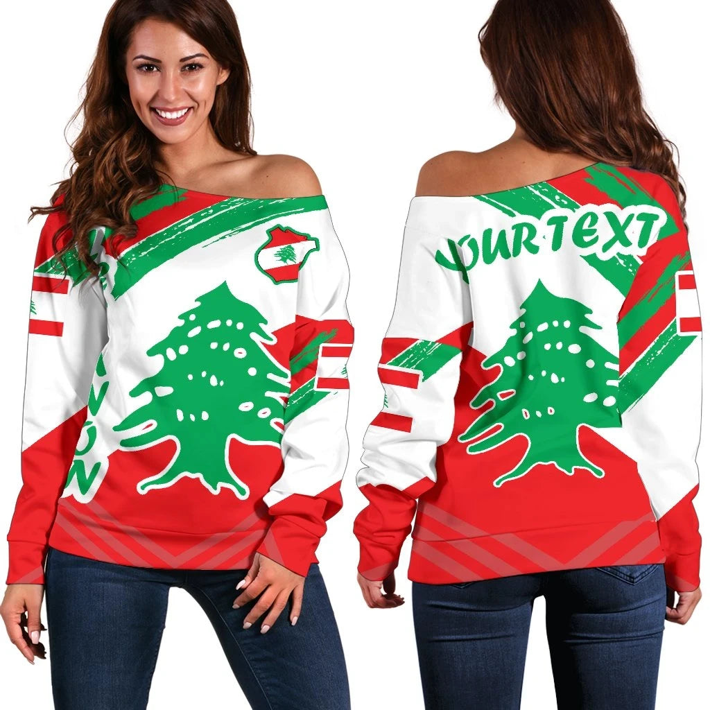Lebanon Personalised Women's Off Shoulder Sweater Lebanon Flag Polygon Style 24