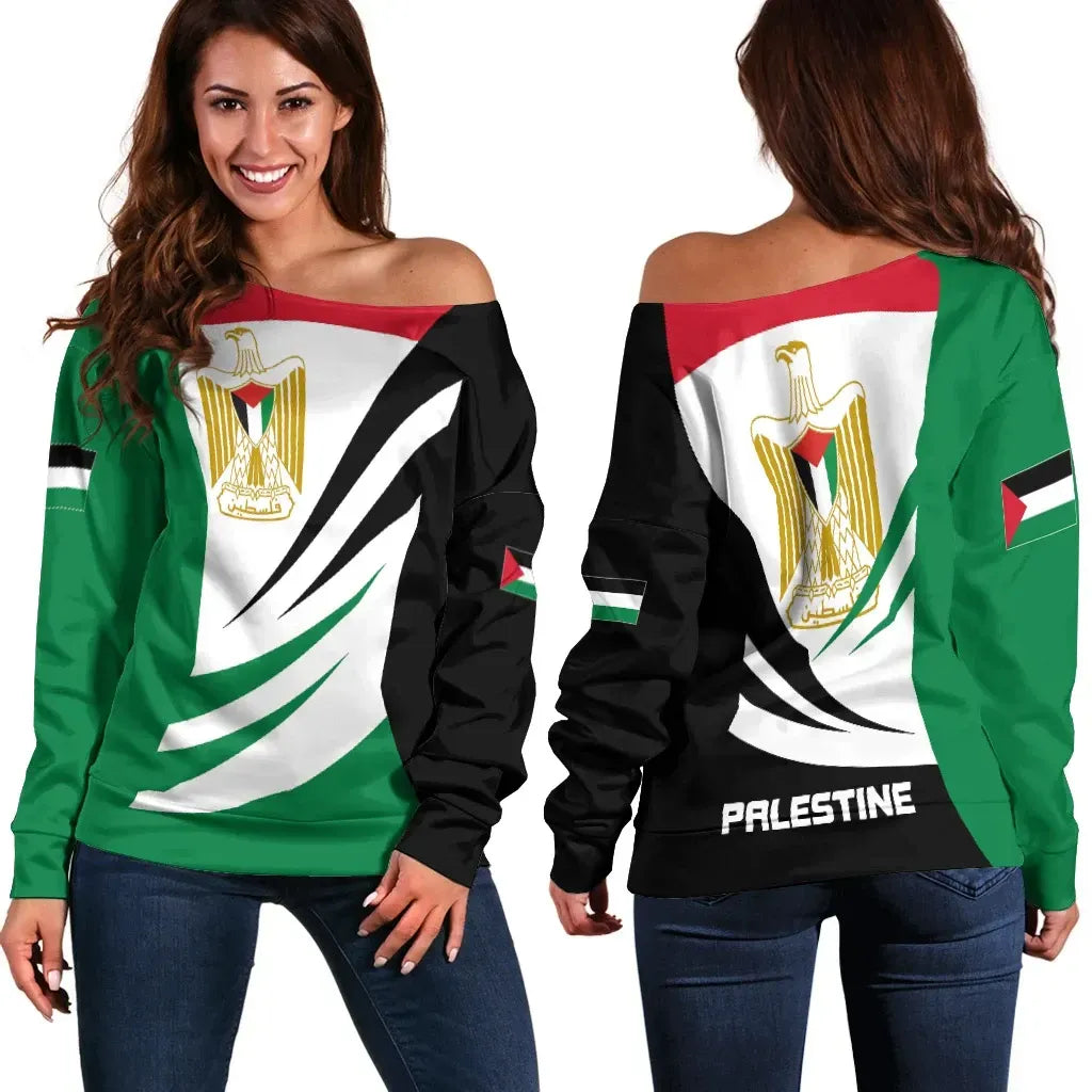 Palestine Off Shoulder Sweater Coat Of Arms BinCjou
