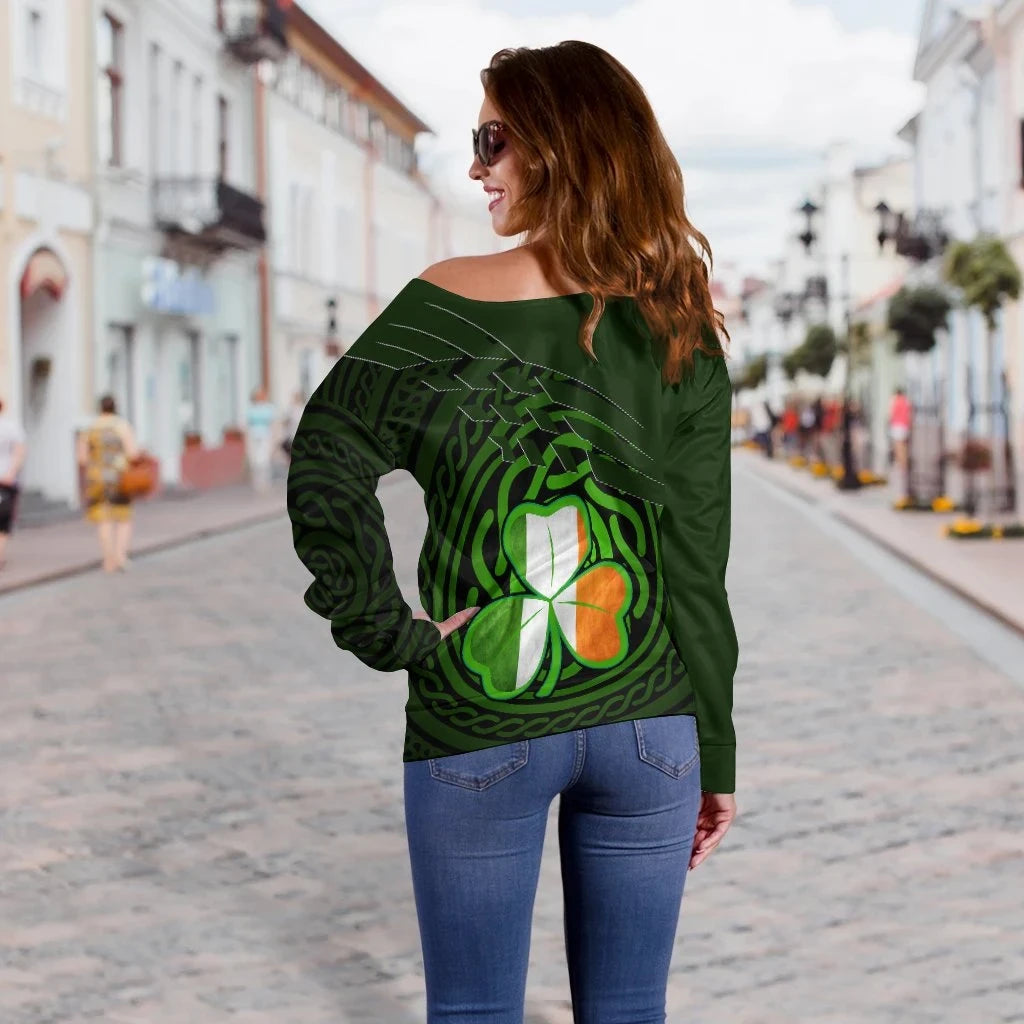 Ireland Women's Off Shoulder Sweater Ireland Symbol With Celtic PatternsWomne's Off Shoulder Sweater