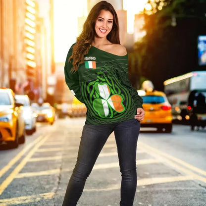 Ireland Women's Off Shoulder Sweater Ireland Symbol With Celtic PatternsWomne's Off Shoulder Sweater