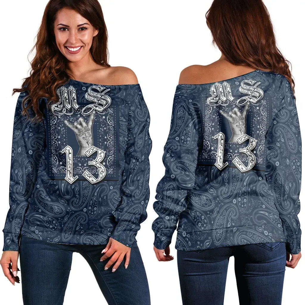 MS,13 Gang Off Shoulder Sweater Blue Bandana Pattern