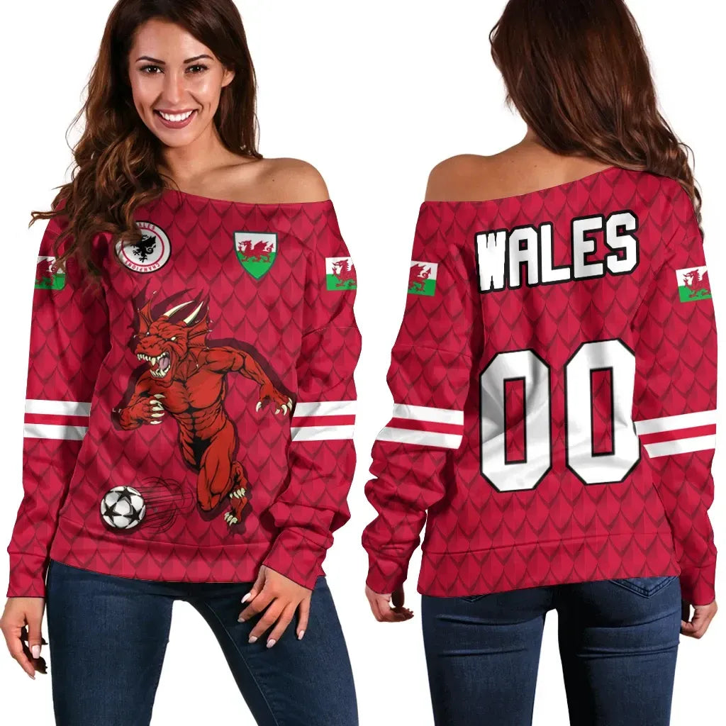 Custom Wales Dragon Women's Off Shoulder Sweater Euro Soccer