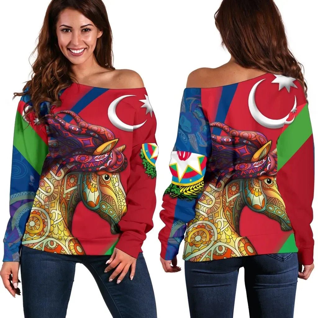 Azerbaijan Pride and Heritage Women's Off Shoulder Sweater Happy Independence Day