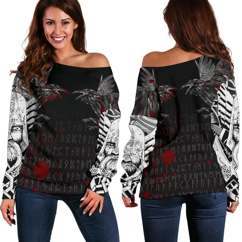 Vikings Women's Off Shoulder Sweater Odin's Ravens Tattoo Style Blood