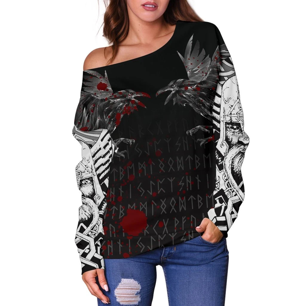 Vikings Women's Off Shoulder Sweater Odin's Ravens Tattoo Style Blood