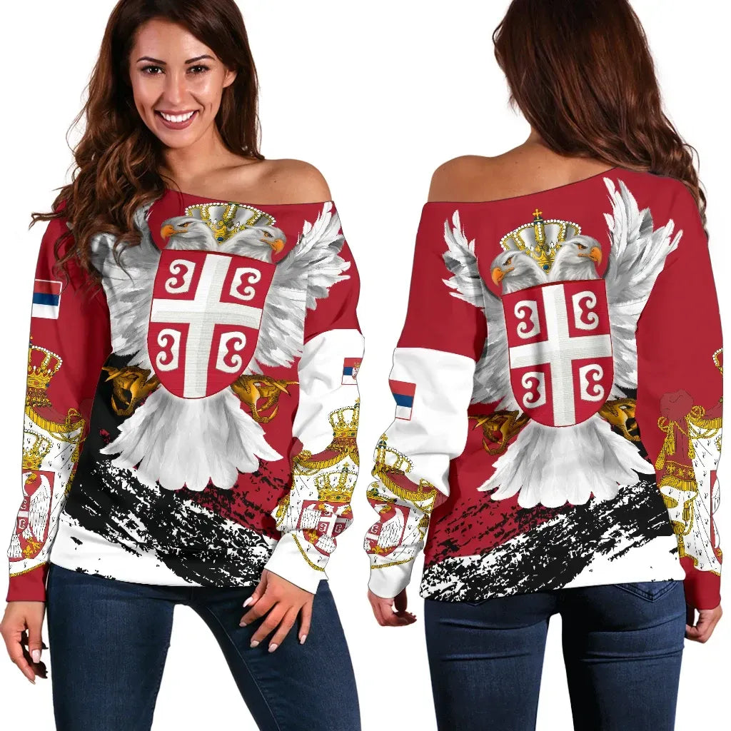 Serbia Off Shoulder Sweater Serbian White Eagle