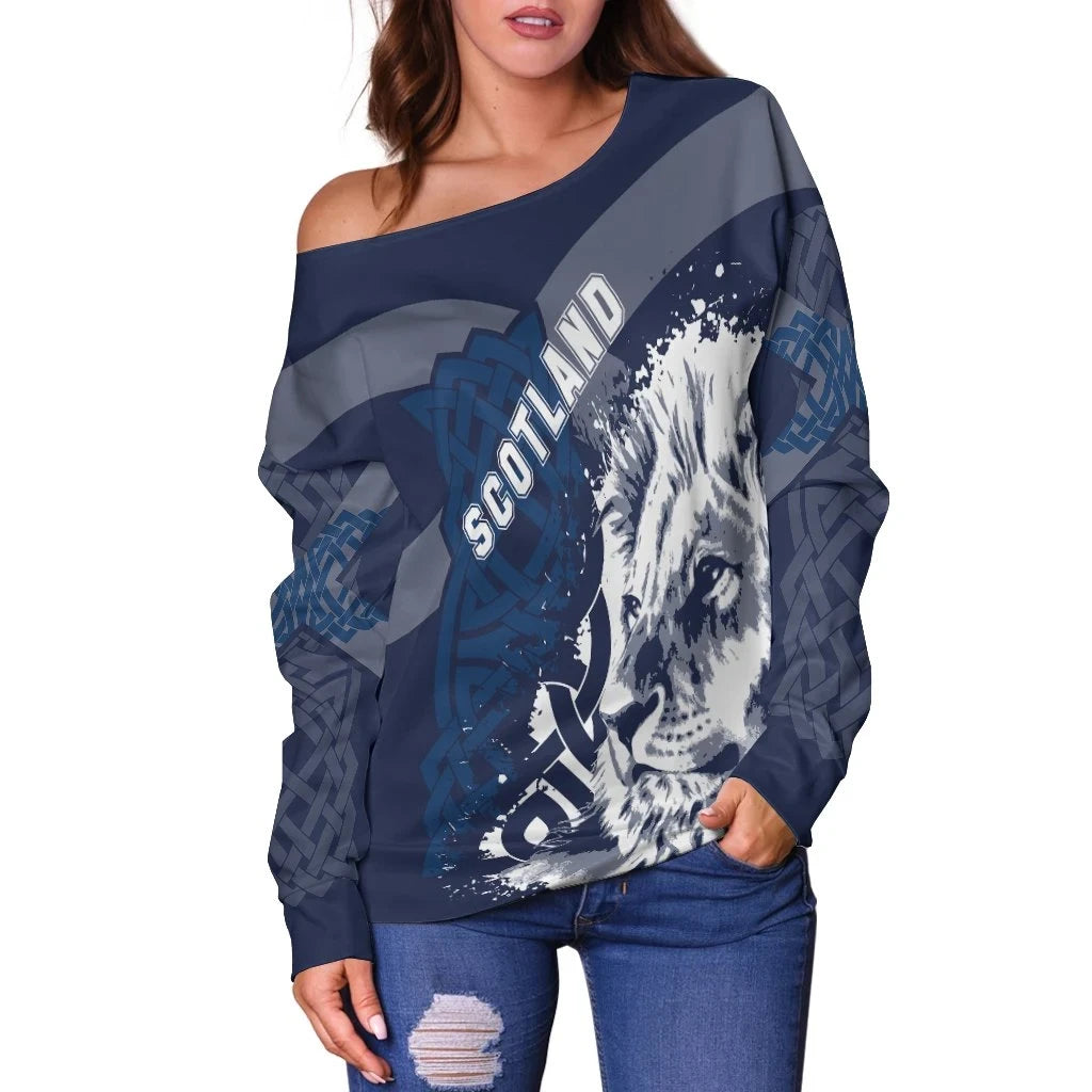 Scotland Celtic Women's Off Shoulder Sweater Cross Celt Lion