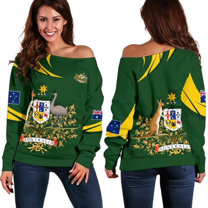 Australia Women's Off Shoulder Sweater Australia Coat Of Arms Green