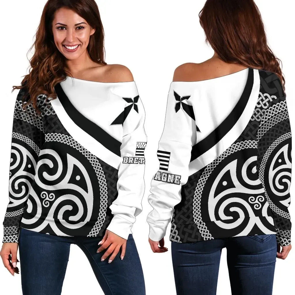 Celtic Women's Off Shoulder Sweater Brittany Flag With Celtic Patterns