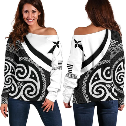 Celtic Women's Off Shoulder Sweater Brittany Flag With Celtic Patterns