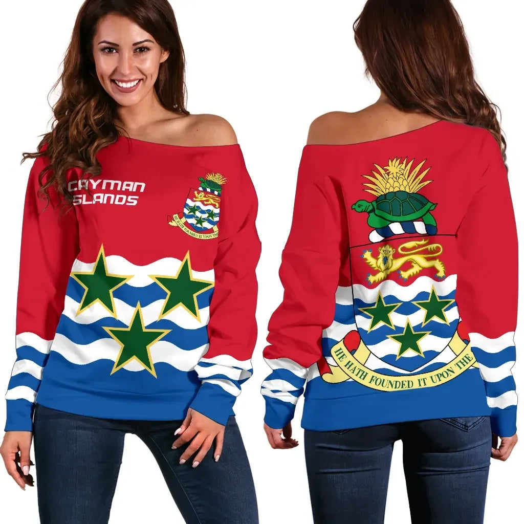 Cayman Islands Women Off Shoulder Sweater Coat of Arms