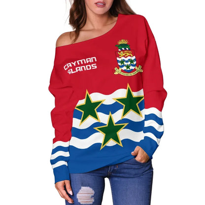 Cayman Islands Women Off Shoulder Sweater Coat of Arms