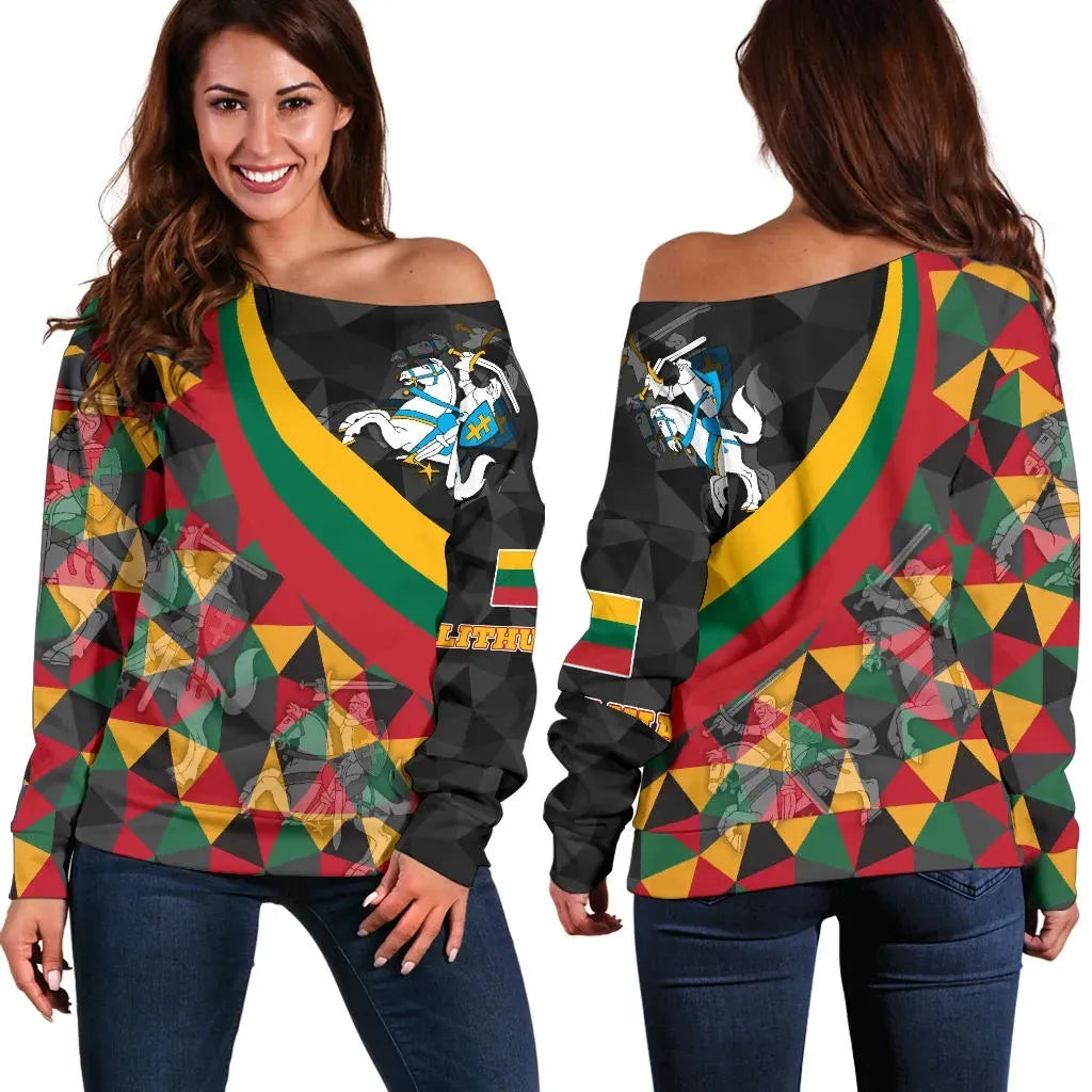 Lithuania Women's Off Shoulder Sweater Lithuania Coat Of Arms with Flag Color