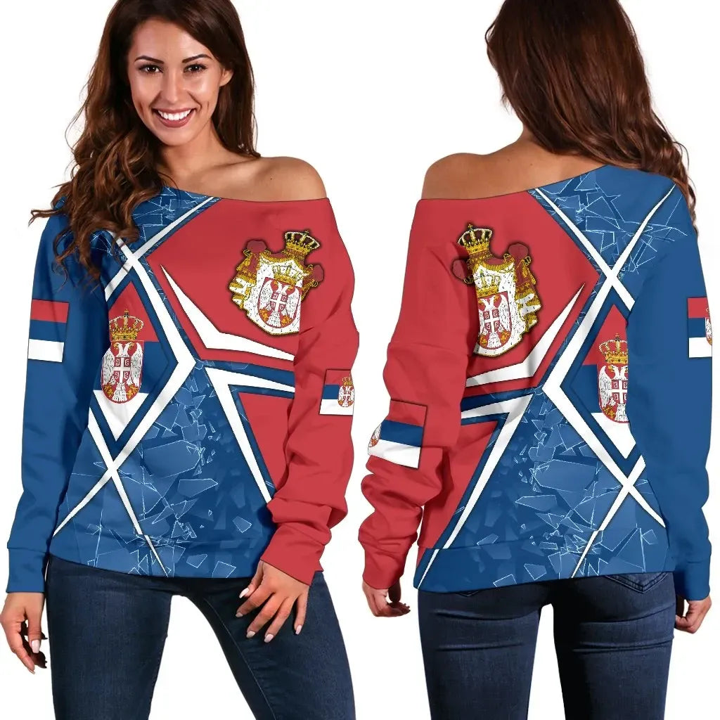 Serbia Women's Off Shoulder Sweater Serbian Legend