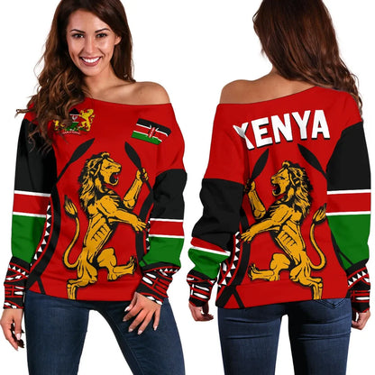 Kenya Lion Off Shoulder Sweater Maasai Shield
