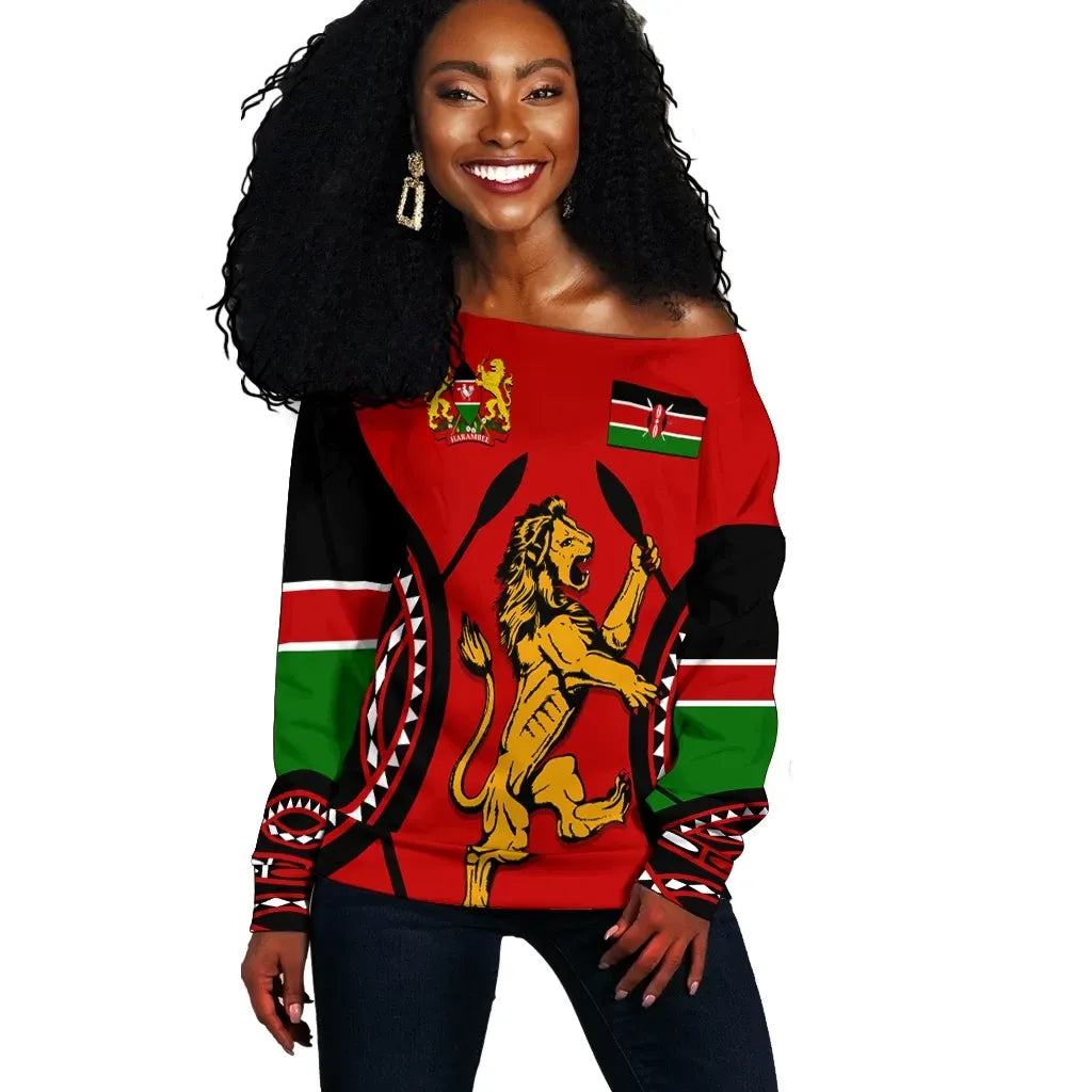 Kenya Lion Off Shoulder Sweater Maasai Shield