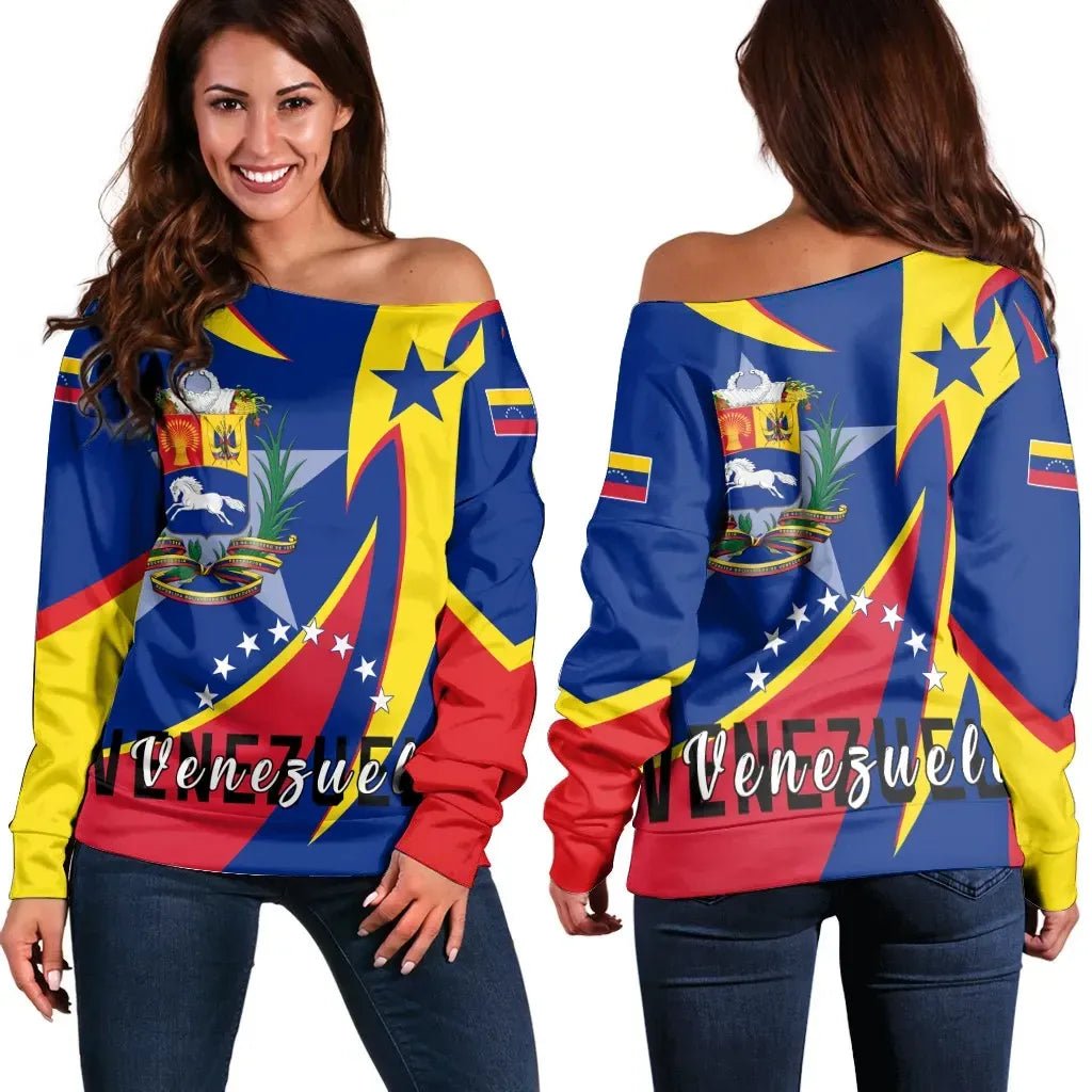 Women's Off Shoulder Sweater Venezuela Special Edition Flag Coat of Arms