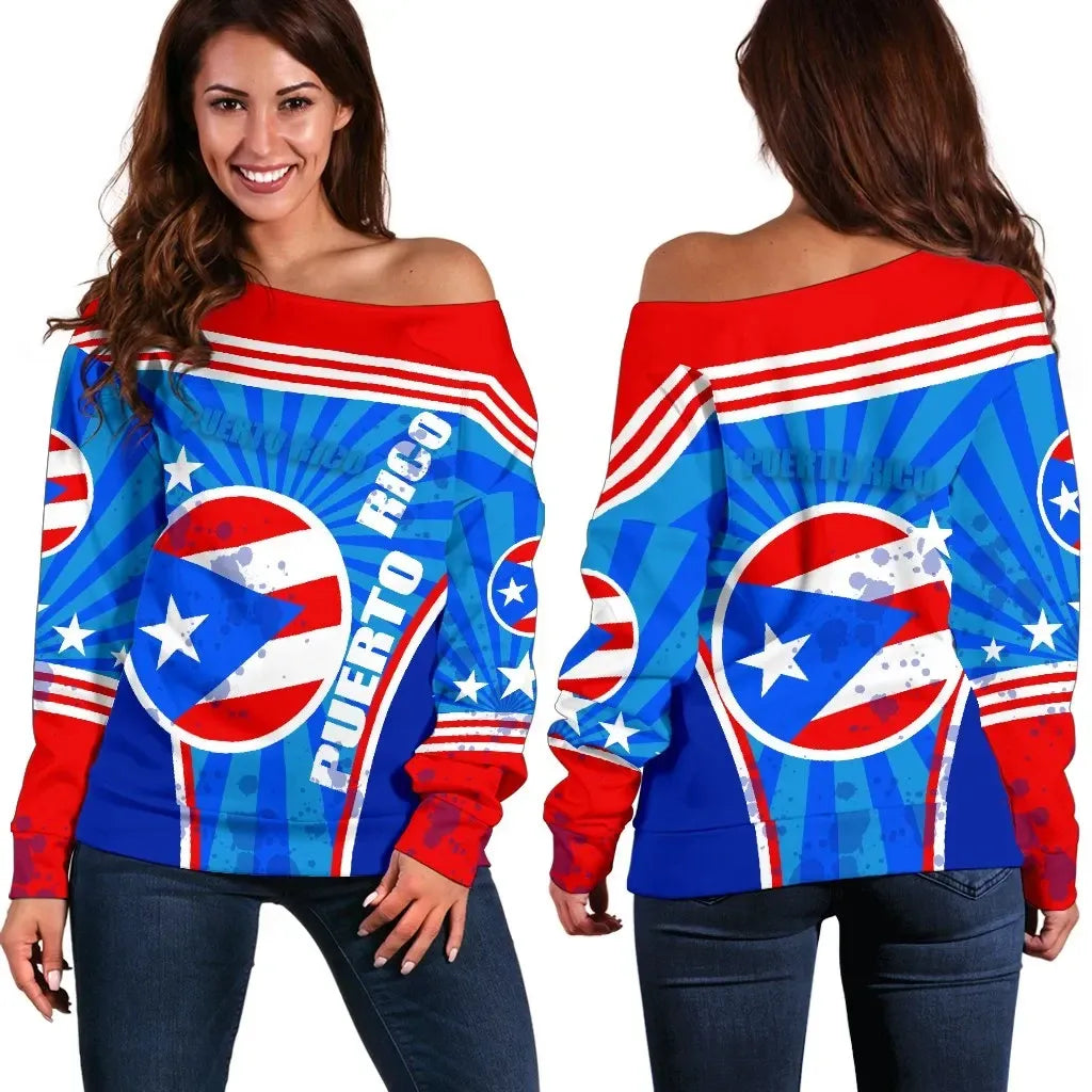 Puerto Rico Off Shoulder Sweater Circle Stripes Flag Version