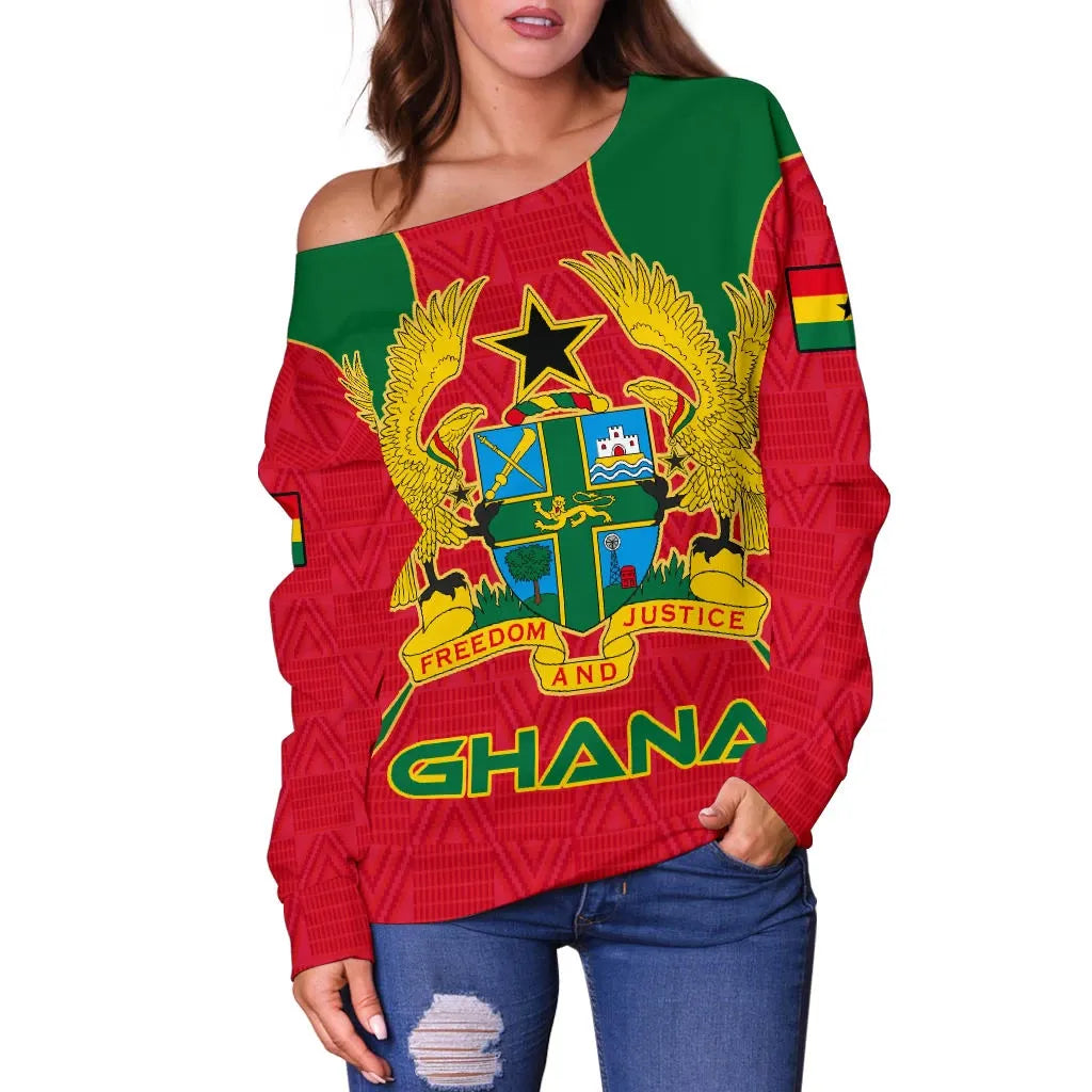 Ghana Women's Off Shoulder Sweater Kente Pattern Coat Of Arms