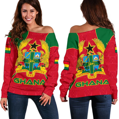 Ghana Women's Off Shoulder Sweater Kente Pattern Coat Of Arms