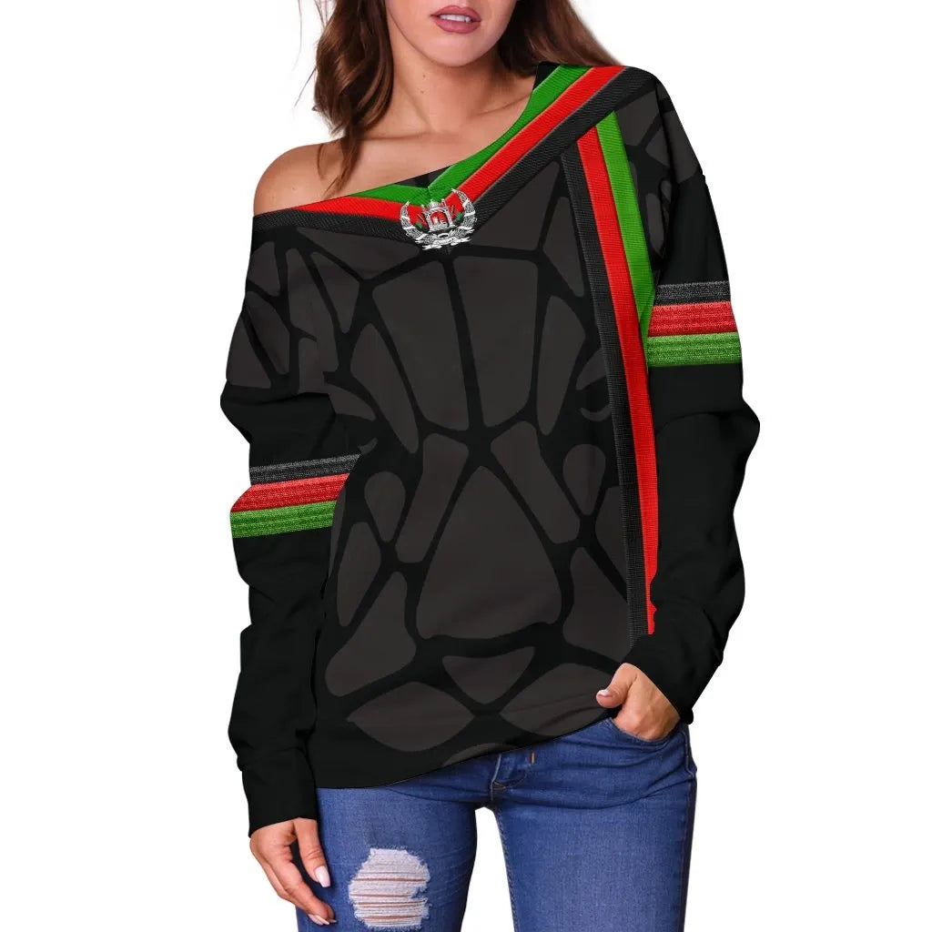 Off Shoulder Sweaters Afghanistan Coat Of Arm and Flag