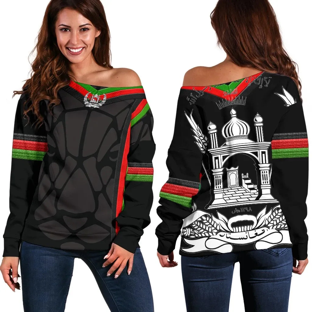 Off Shoulder Sweaters Afghanistan Coat Of Arm and Flag