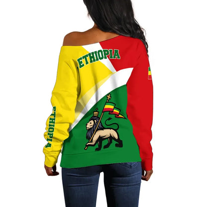 Ethiopia Off Shoulder Sweater Ethiopia Flag Maps Green
