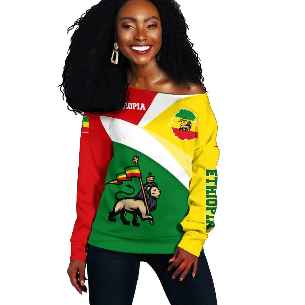 Ethiopia Off Shoulder Sweater Ethiopia Flag Maps Green