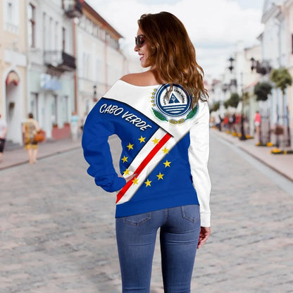 Cabo Verde Off Shoulder Sweater Cabo Verde Flag And Coat Of Arms