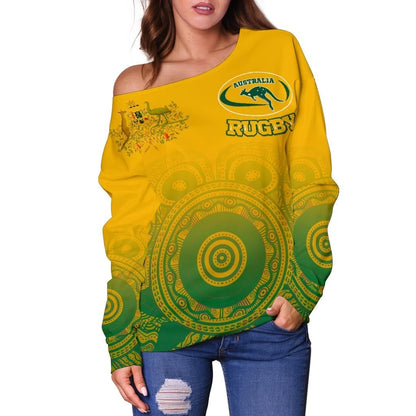 [Custom] Australia Aboriginal Women's Off Shoulder Sweater Australia Rugby and Coat Of Arms