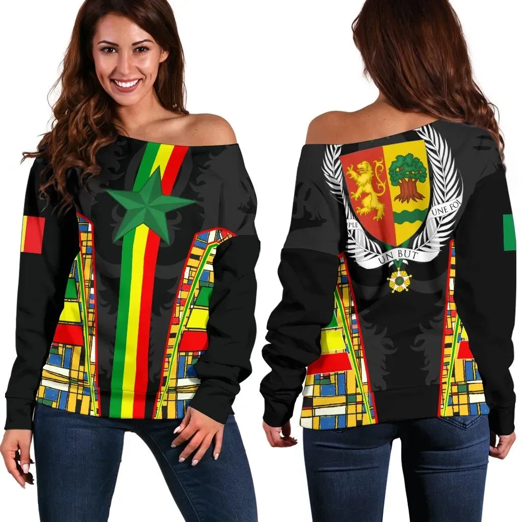 Senegal Womne's Off Shoulder Sweater Senegal Flag Color And Coat Of Arm