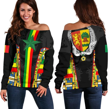 Senegal Womne's Off Shoulder Sweater Senegal Flag Color And Coat Of Arm