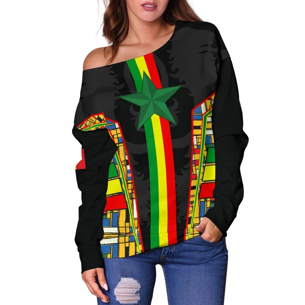 Senegal Womne's Off Shoulder Sweater Senegal Flag Color And Coat Of Arm