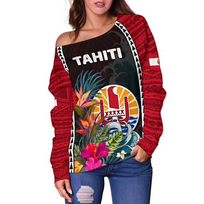Tahiti Women's Off Shoulder Sweater Hibiscus With Waves
