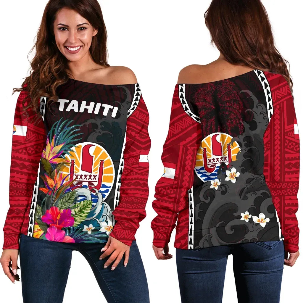 Tahiti Women's Off Shoulder Sweater Hibiscus With Waves