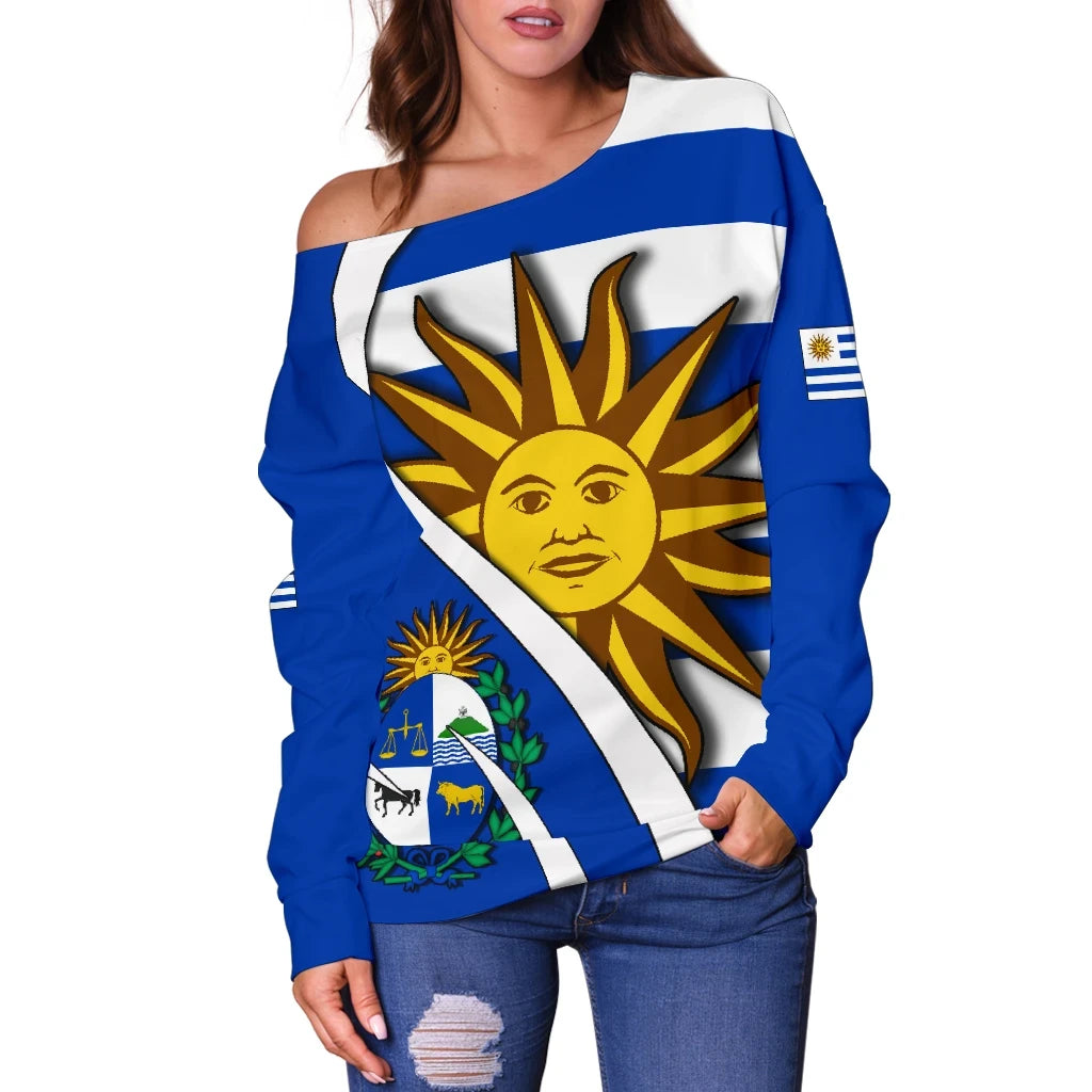 Uruguay Women's Off Shoulder Sweater Flag Coat Of Arms