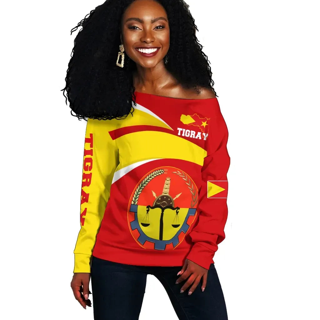 Tigray Off Shoulder Sweater Tigray Flag Official Seal Red