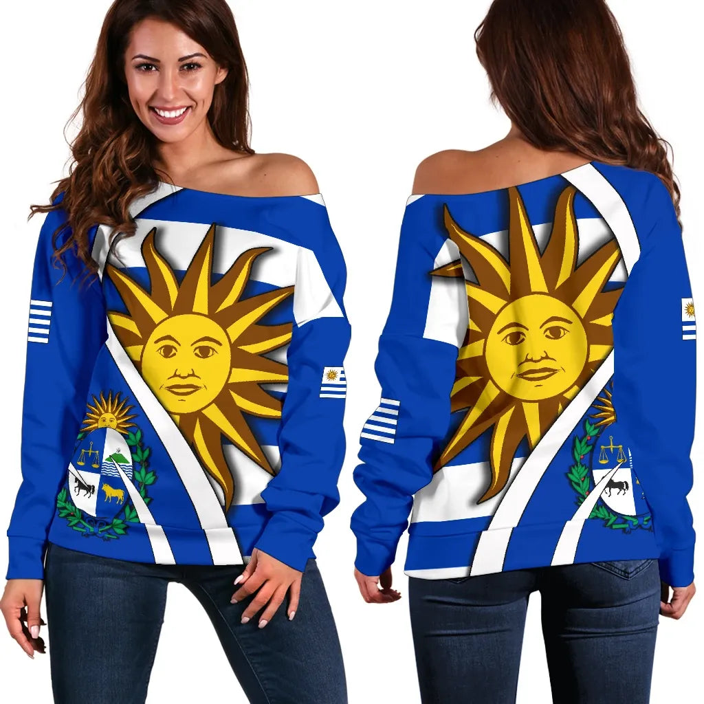 Uruguay Women's Off Shoulder Sweater Flag Coat Of Arms