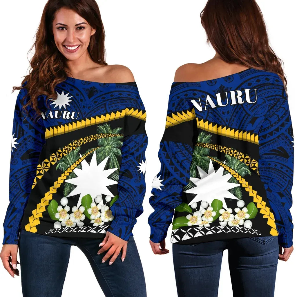 Nauru Calophyllum Inophyllum Blossom Women Off Shoulder Sweater Road to Hometown